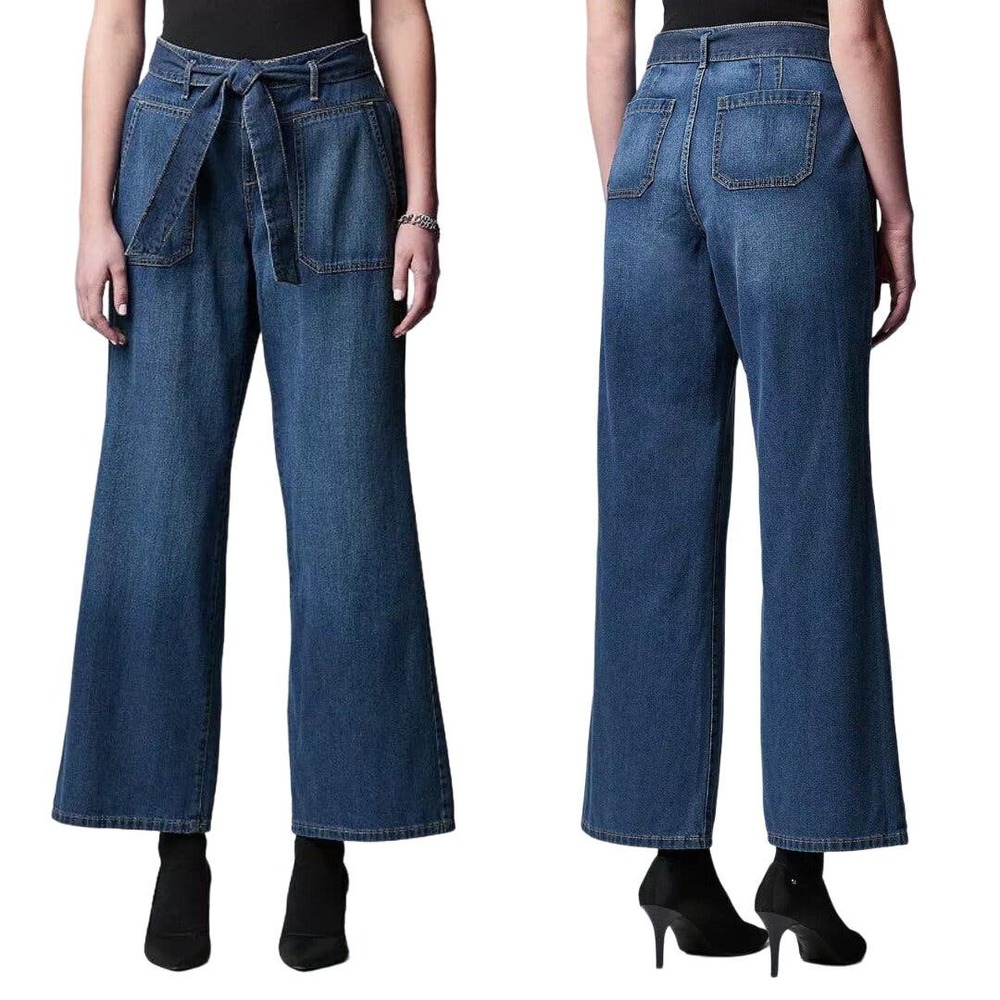 Simply Vera Wang Wide Flare Trousers Size 14 NWT Poppy Blue Soft Denim Tie Waist